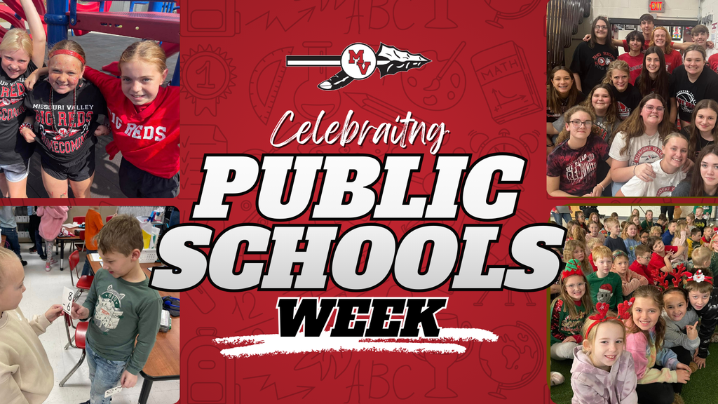 Red background with school logo and large text reading “Celebrating Public Schools Week,” surrounded by photos of students in classrooms and at school events.