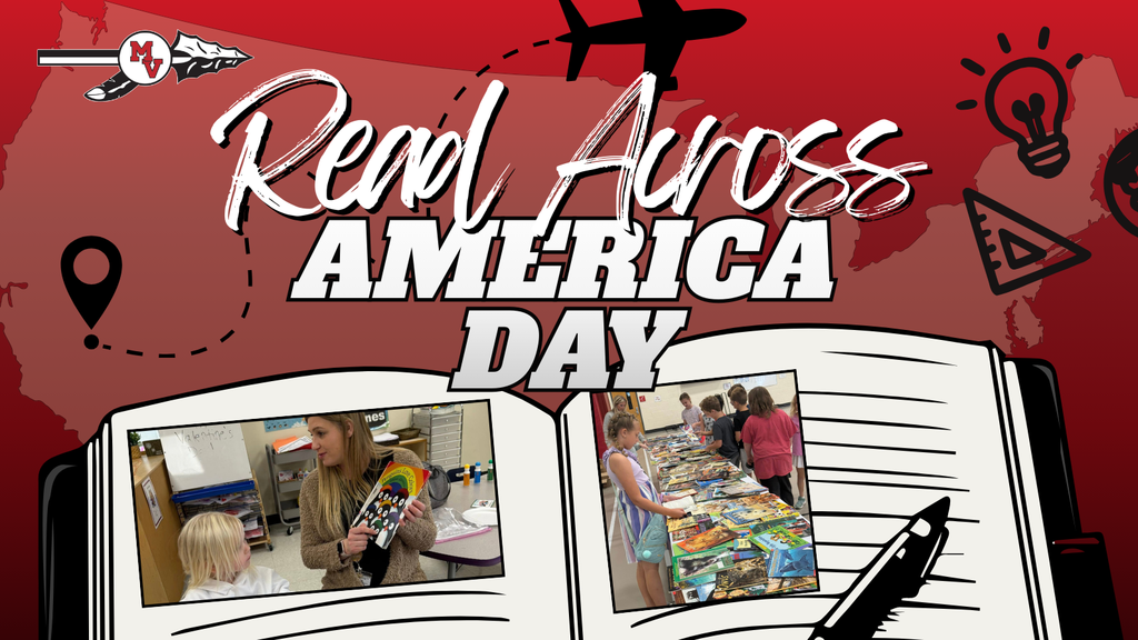 Read Across America Day design with red map background, school logo, airplane graphic, and open book featuring classroom scenes.