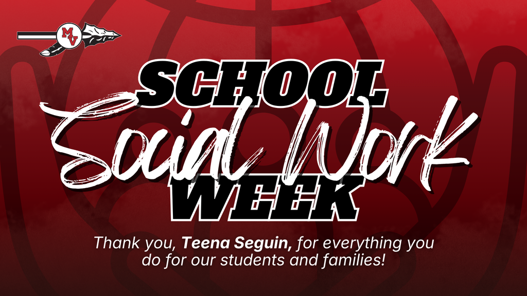 School Social Work Week design with bold black and white text on red background thanking Teena Seguin for supporting students and families.