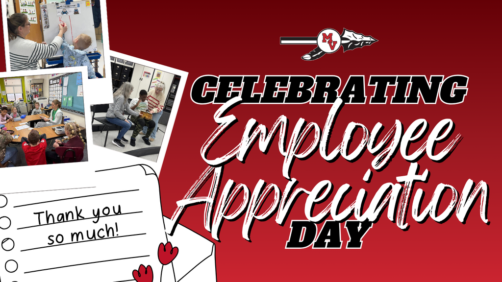 Celebrating Employee Appreciation Day design with red background, school logo, classroom snapshots, and “Thank you so much!” note graphic.