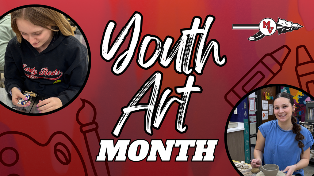 Youth Art Month message on a red background featuring two students working on art projects, with paint and art icons and the Missouri Valley logo.