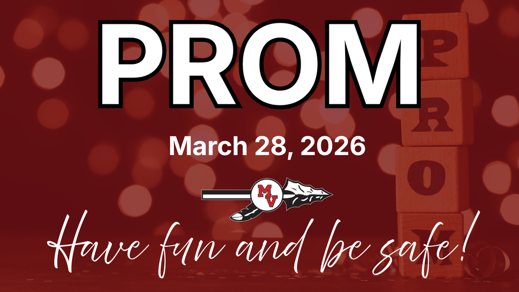 Prom design with bold “PROM” text, date March 28, 2026, school logo, and message “Have fun and be safe!” on red background.