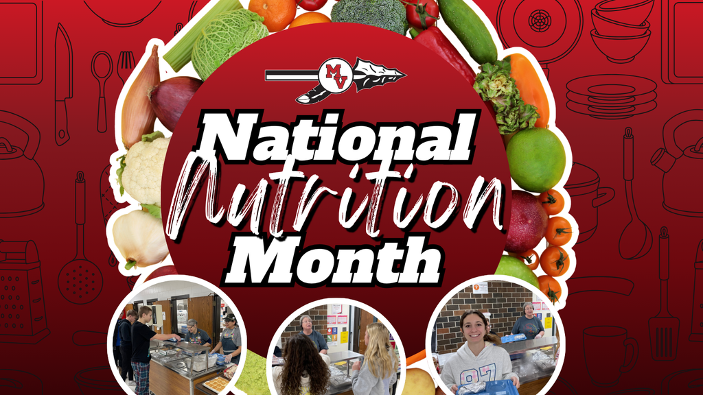 “National Nutrition Month” text over a red background, surrounded by fruits and vegetables, with small photos of students and staff in a cafeteria.