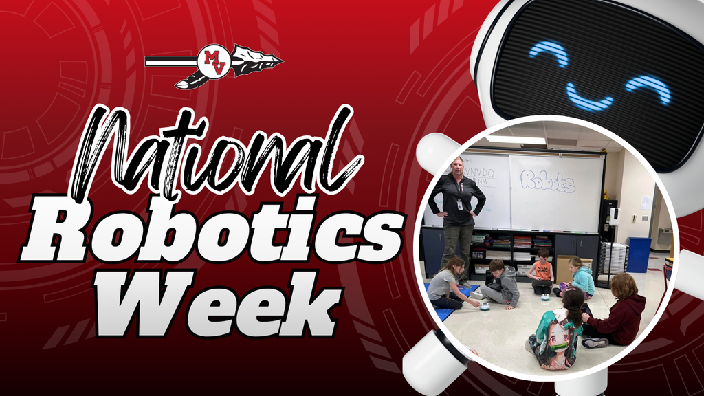 “National Robotics Week” text on a red background with a smiling robot, school logo, and a classroom scene of students working with small robots.