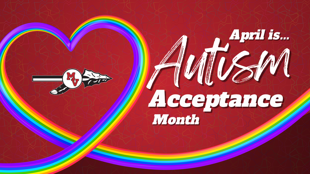 “April is Autism Acceptance Month” text on a red patterned background with a rainbow heart and ribbon and a school logo.