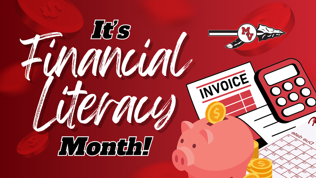 “It’s Financial Literacy Month!” text on a red background with coins, a piggy bank, invoice, calculator, and a school logo.