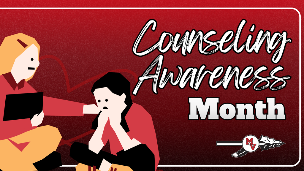Illustration of a counselor comforting a distressed student, with text reading “Counseling Awareness Month” on a red background.