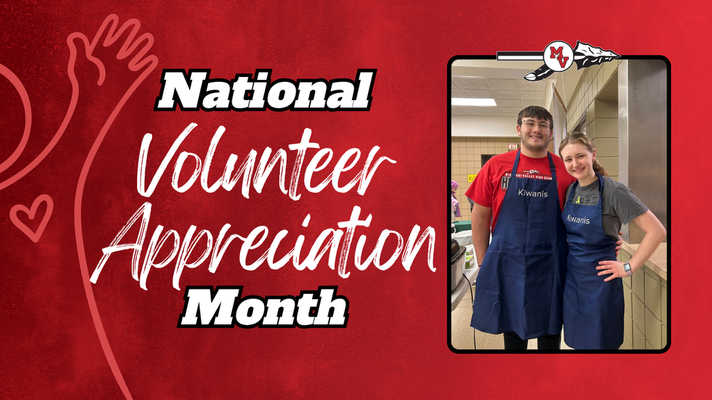 Red background reading “National Volunteer Appreciation Month,” featuring two smiling volunteers in blue aprons standing together in a kitchen.