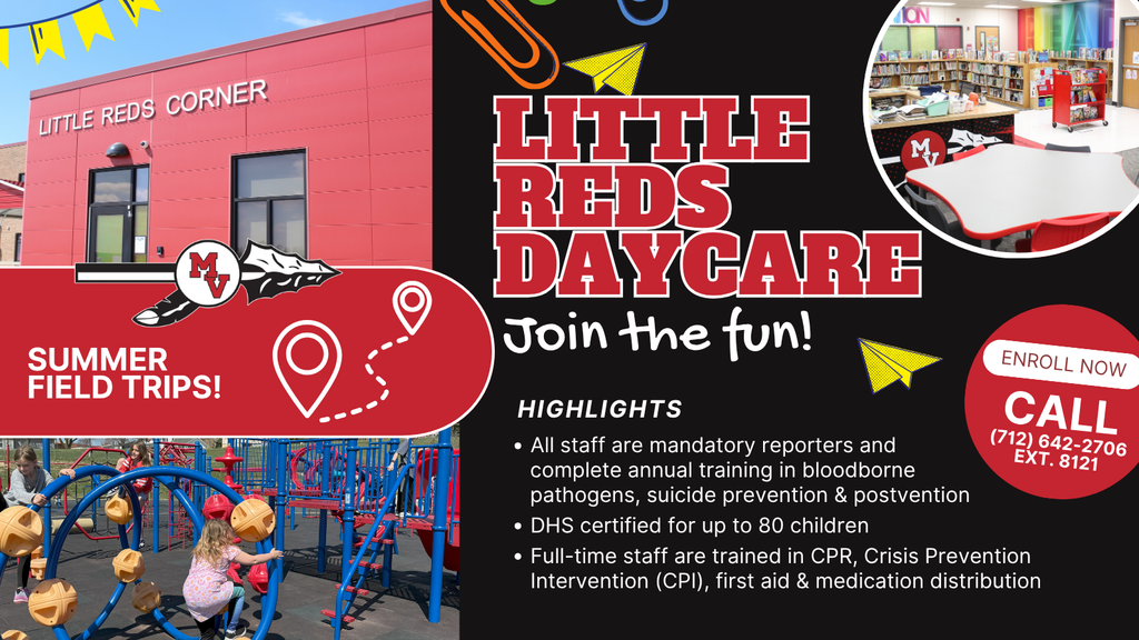 Little reds building, library, and children playing. 