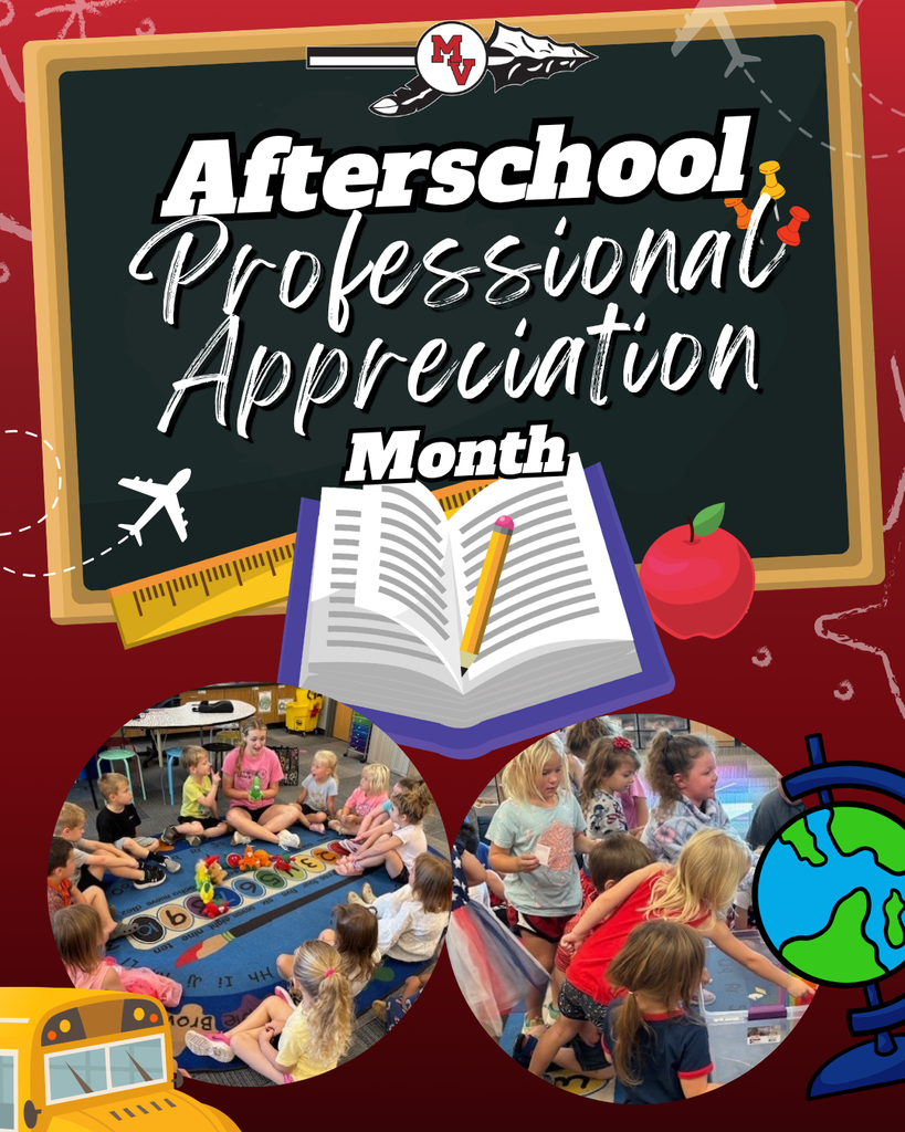“Afterschool Professional Appreciation Month” message on a chalkboard design with book, pencil, apple, and photos of young children in classroom activities.