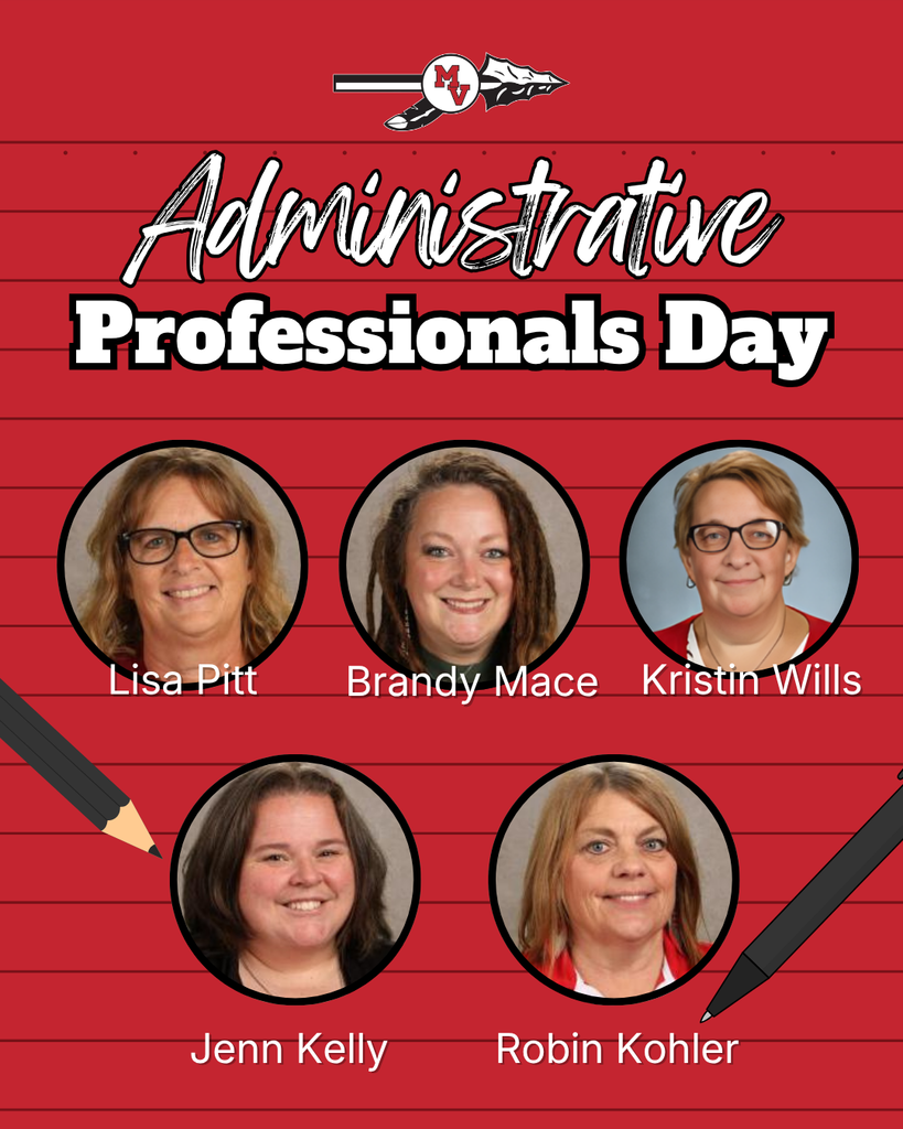 “Administrative Professionals Day” message on red lined background with five staff headshots labeled Lisa Pitt, Brandy Mace, Kristin Wills, Jenn Kelly, and Robin Kohler.