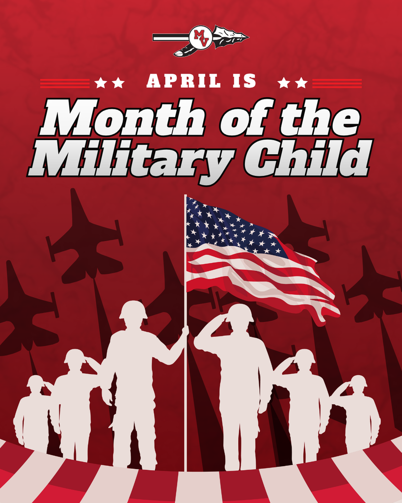 “April is Month of the Military Child” text above silhouettes of saluting children and a figure holding a U.S. flag, with jets in the background.