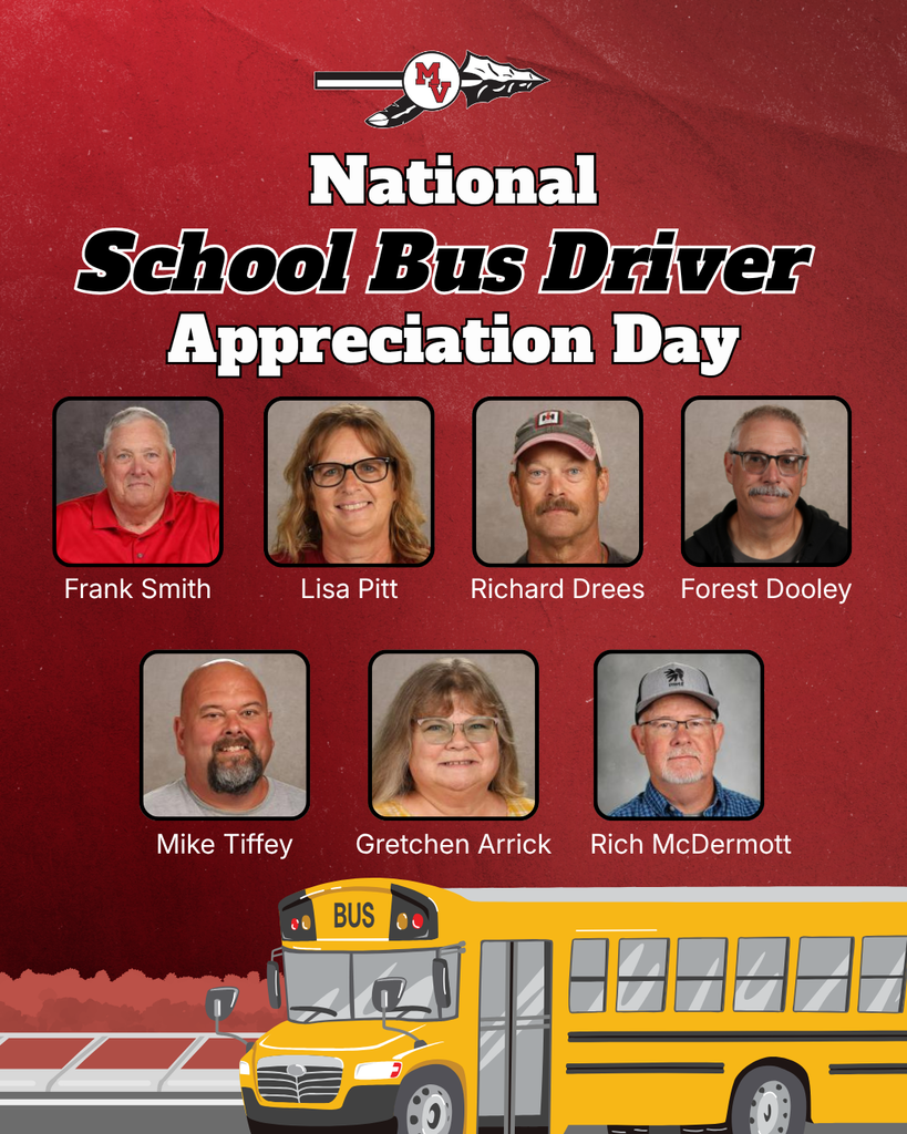 “National School Bus Driver Appreciation Day” text above seven staff headshots labeled Frank Smith, Lisa Pitt, Richard Drees, Forest Dooley, Mike Tiffey, Gretchen Arrick, and Rich McDermott, with a yellow school bus at bottom.