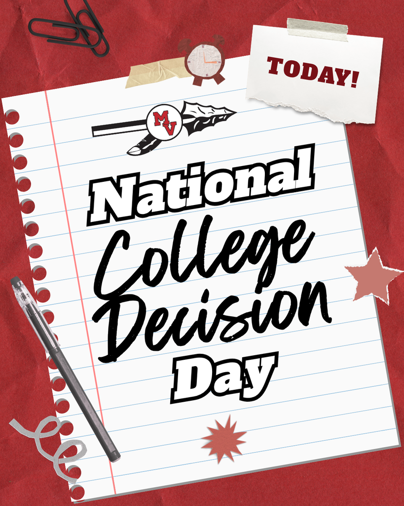 “National College Decision Day” text on lined notebook paper with school logo, pen, paper clips, and a “Today!” note on a red background.