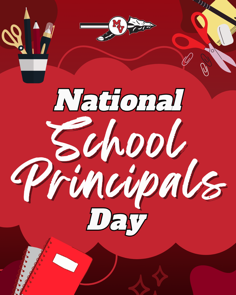 “National School Principals Day” text on a red background with school-themed icons like scissors, pencils, notebook, and paper clips.
