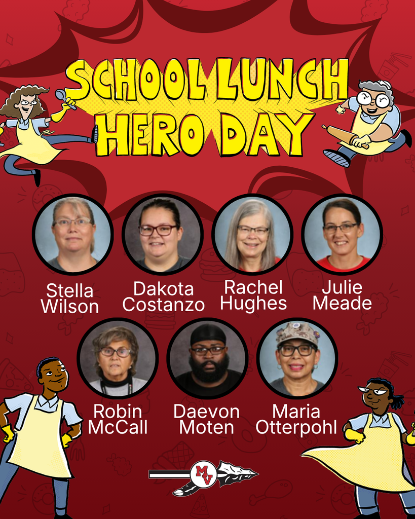 “School Lunch Hero Day” text with seven staff headshots labeled Stella Wilson, Dakota Costanzo, Rachel Hughes, Julie Meade, Robin McCall, Daevon Moten, and Maria Otterpohl on a red background with playful cafeteria-themed illustrations.