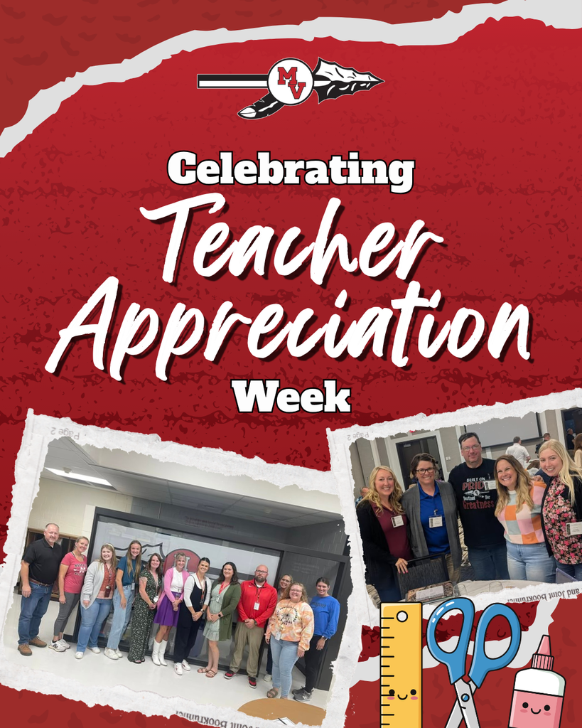 Text reads “Celebrating Teacher Appreciation Week” with school logo above and two group photos of staff below on a red background.