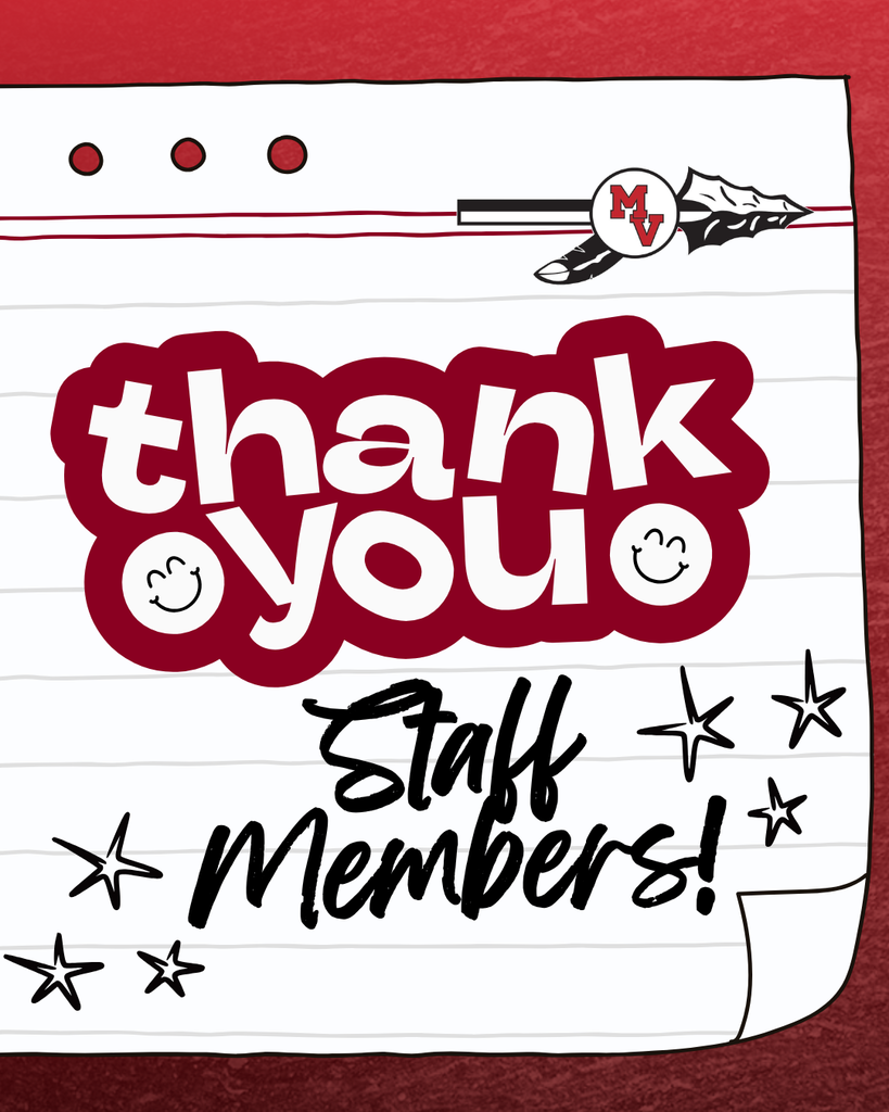 Text reads “Thank You Staff Members!” in playful fonts with stars and smiley faces, on a lined paper design with a red background and school logo.