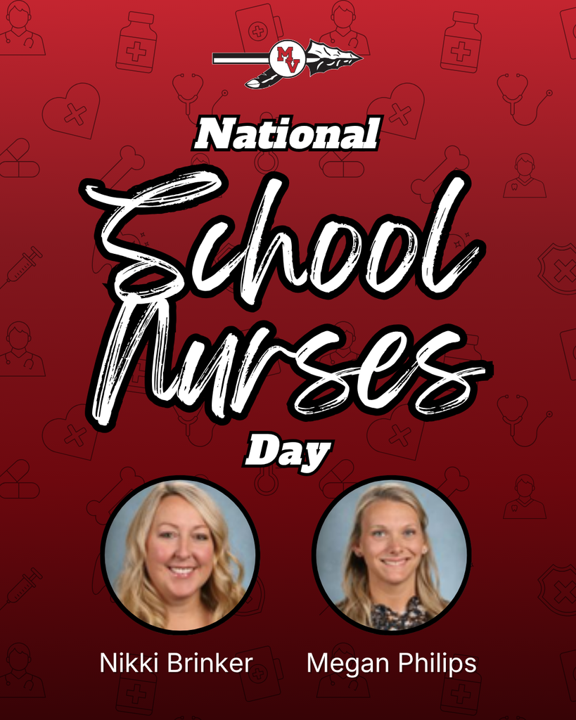 Text reads “National School Nurses Day” with names Nikki Brinker and Megan Philips below two staff portraits on a red background with medical icons.
