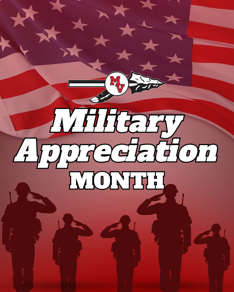 Text reads “Military Appreciation Month” over a waving American flag, with silhouettes of saluting service members and a school logo above.