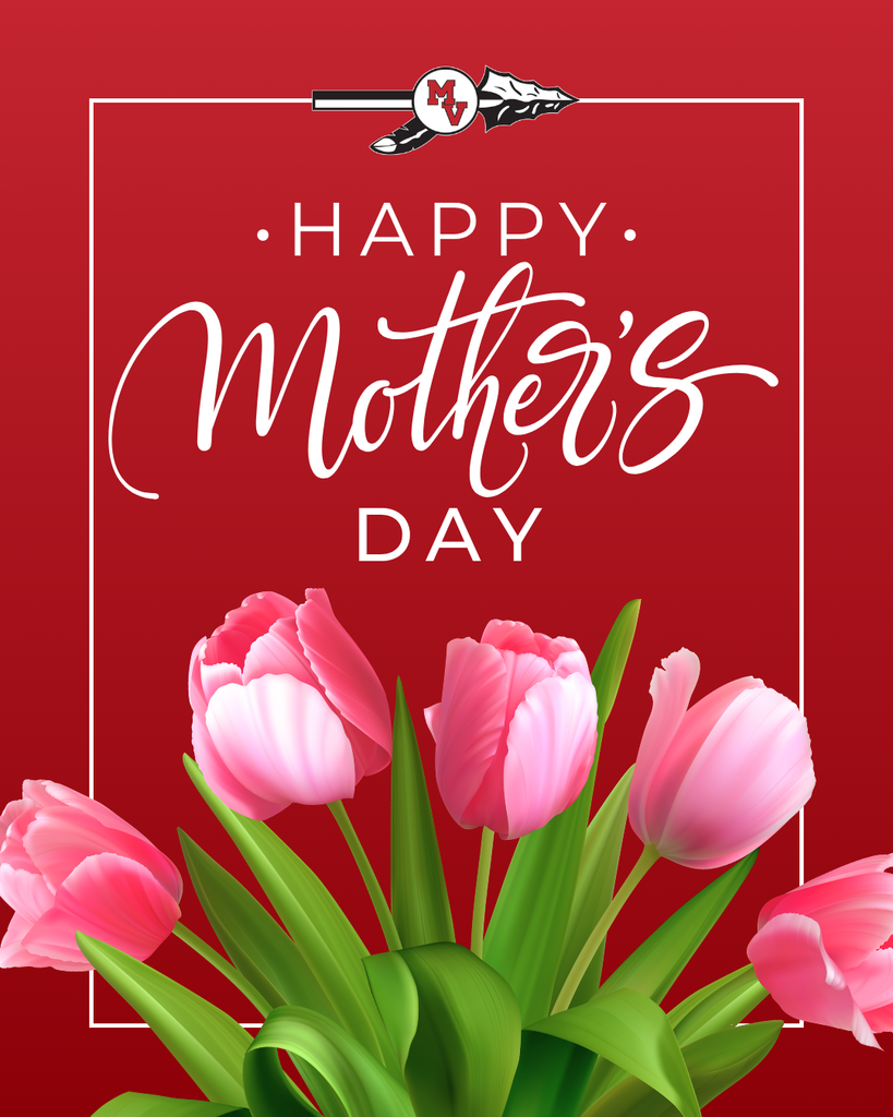 Text reads “Happy Mother’s Day” above pink tulips with green leaves on a red background, framed with a thin border and school logo at top.