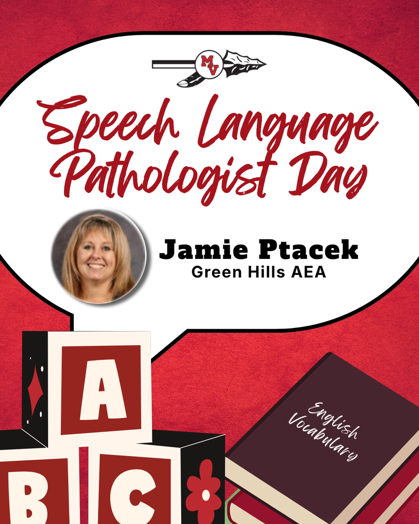 Speech Language Pathologist Day design honoring Jamie Ptacek of Green Hills AEA with alphabet blocks, books, and school logo.