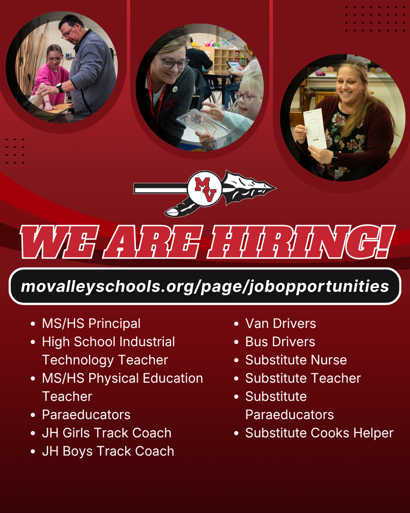 Red “We Are Hiring!” announcement from Missouri Valley Schools listing openings for teachers, coaches, drivers, paraeducators, and substitute staff.