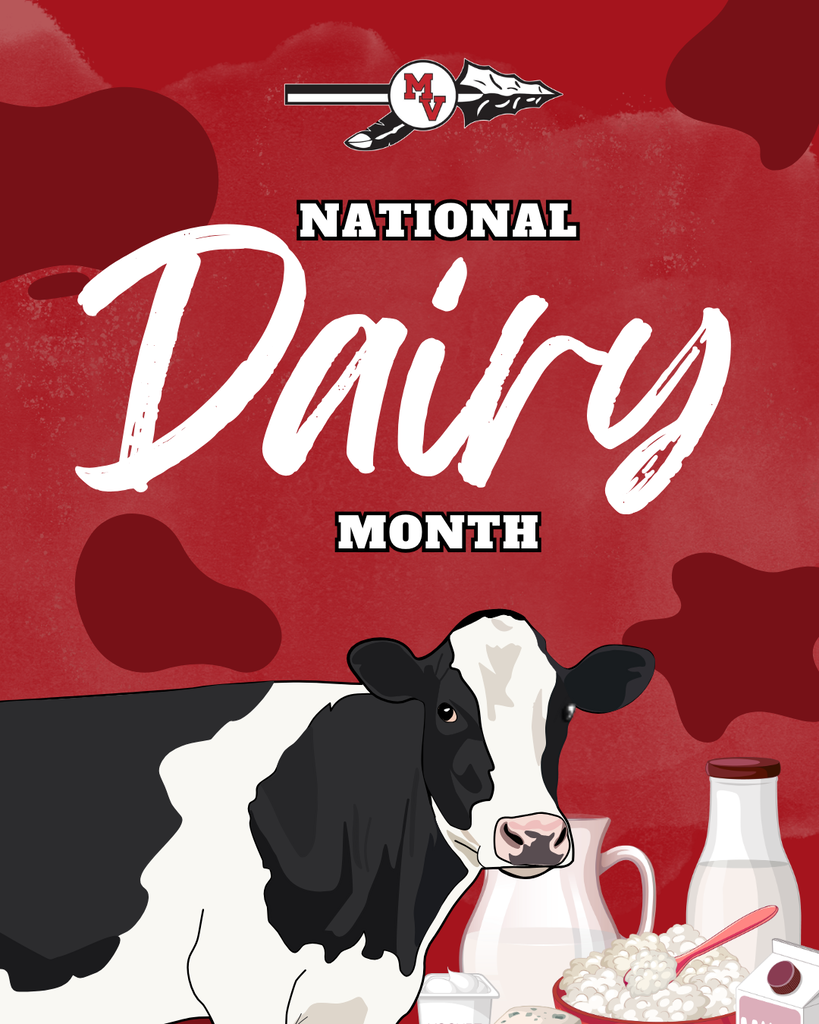 National Dairy Month announcement featuring a black-and-white dairy cow, milk products, and the MV school logo on a red cow-print background.
