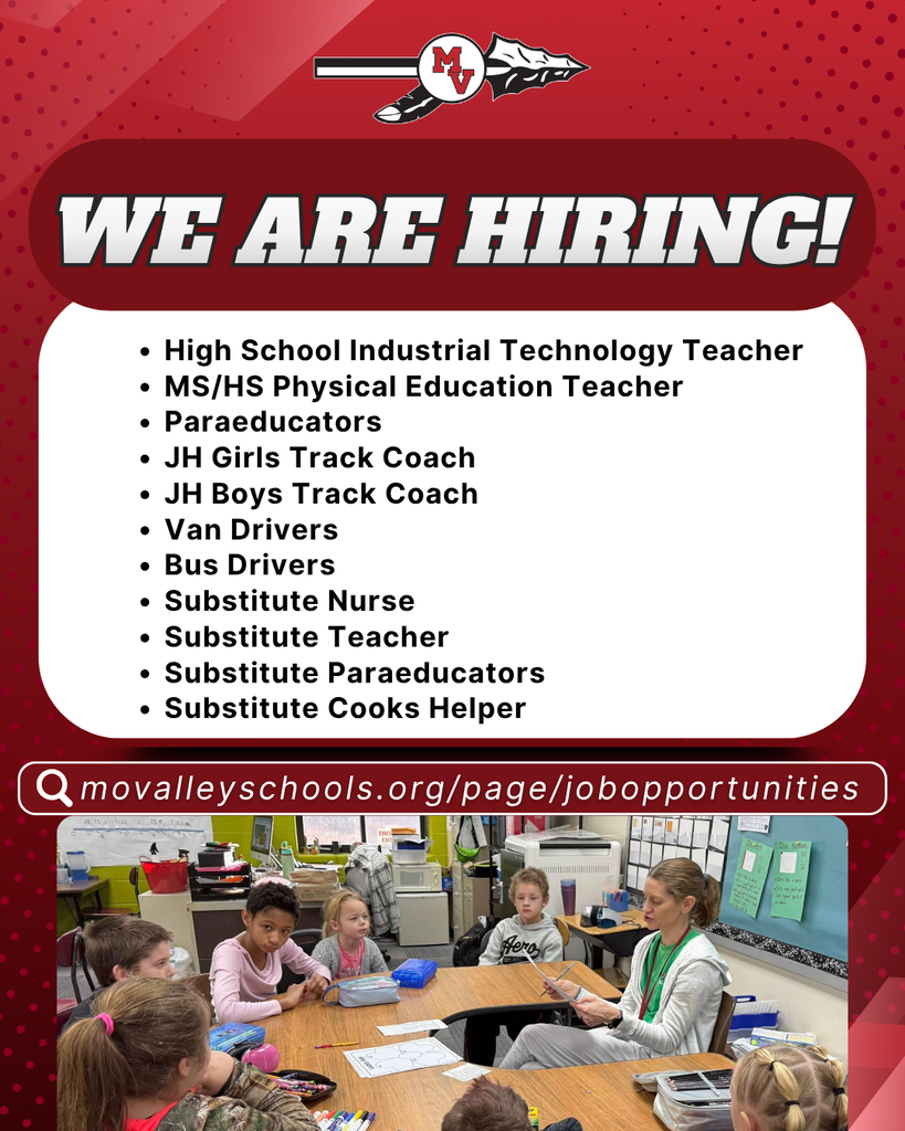 Employment opportunities announcement from MV schools listing openings for teachers, coaches, drivers, paraeducators, and substitute staff, with a classroom photo and application website.