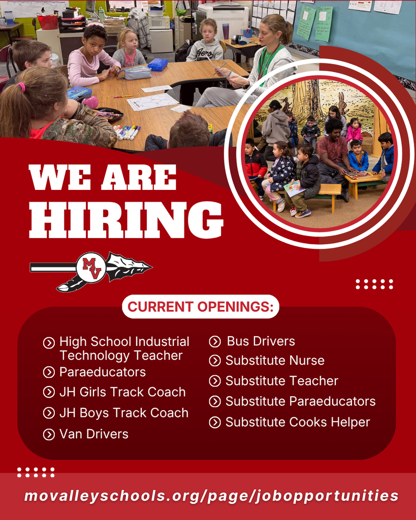 Missouri Valley Schools is hiring for teaching, coaching, driver, paraeducator, nursing, and substitute positions. Classroom photos feature students learning with staff.