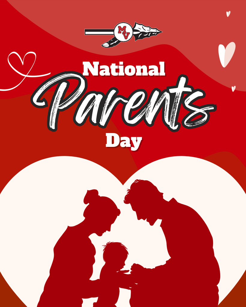National Parents Day announcement from Missouri Valley Schools featuring the school logo and a silhouette of two parents interacting with a young child inside a heart.