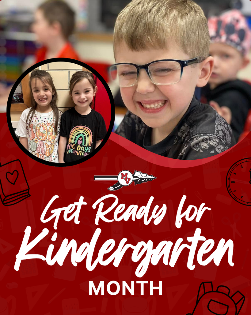 Get Ready for Kindergarten Month promotion from Missouri Valley CSD with two smiling girls in a circle frame, and a smiling boy in black glasses.