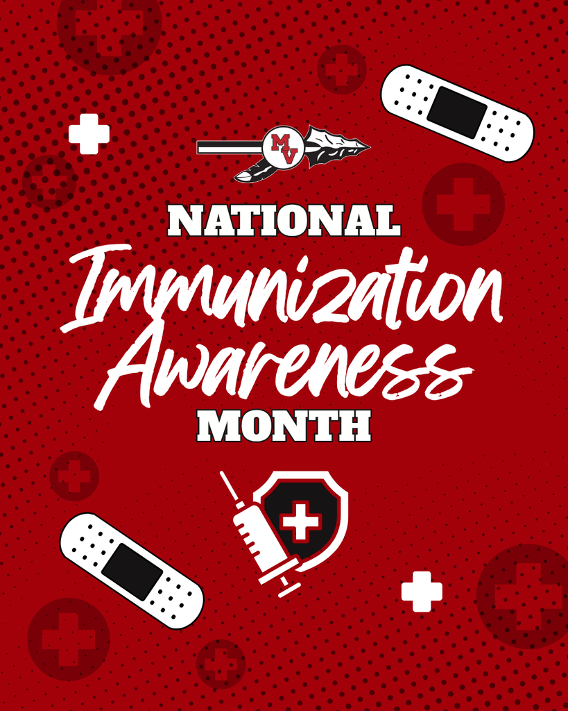 Red graphic reads “National Immunization Awareness Month,” with bandages, medical crosses, a syringe, and school logo.