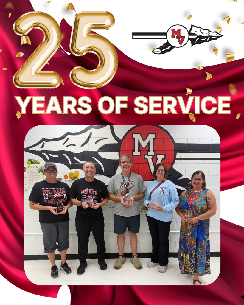 Five staff members celebrate 25 years of service, smiling and holding awards in front of the Missouri Valley school logo.