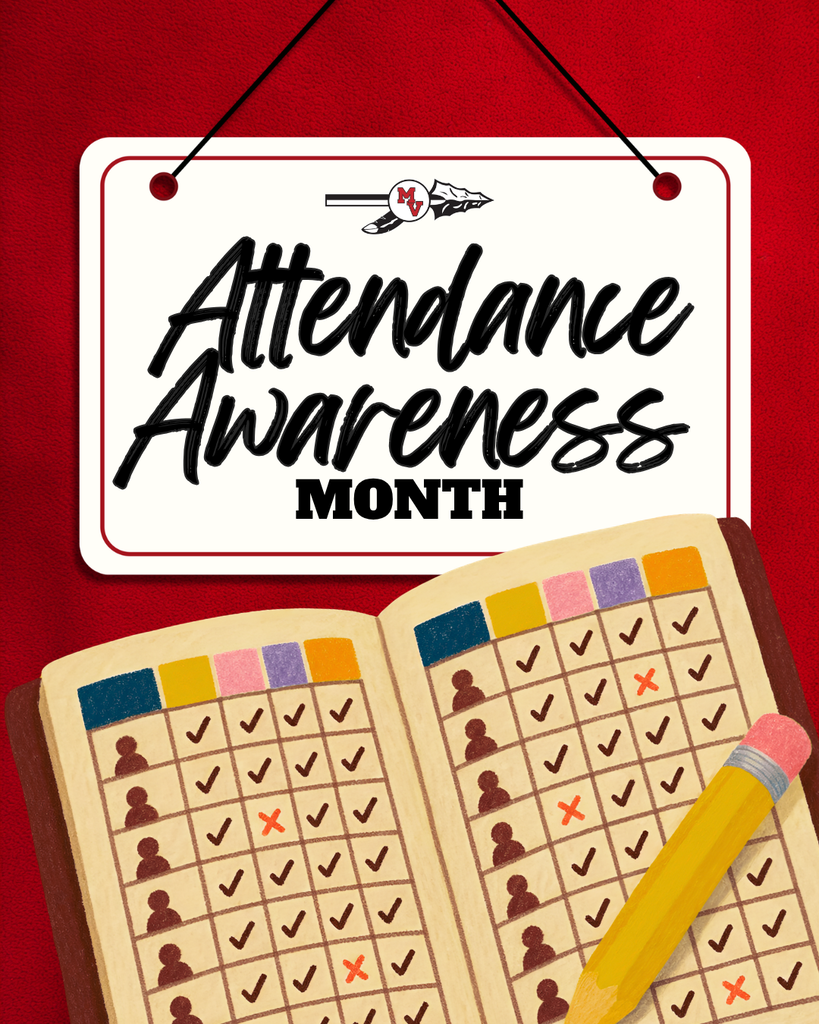 Attendance Awareness Month poster featuring a school attendance chart with check marks, absences, and a pencil.
