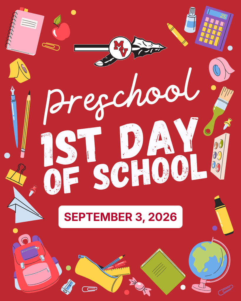 Preschool first day of school is September 3, 2026, surrounded by colorful school supplies on a red background.