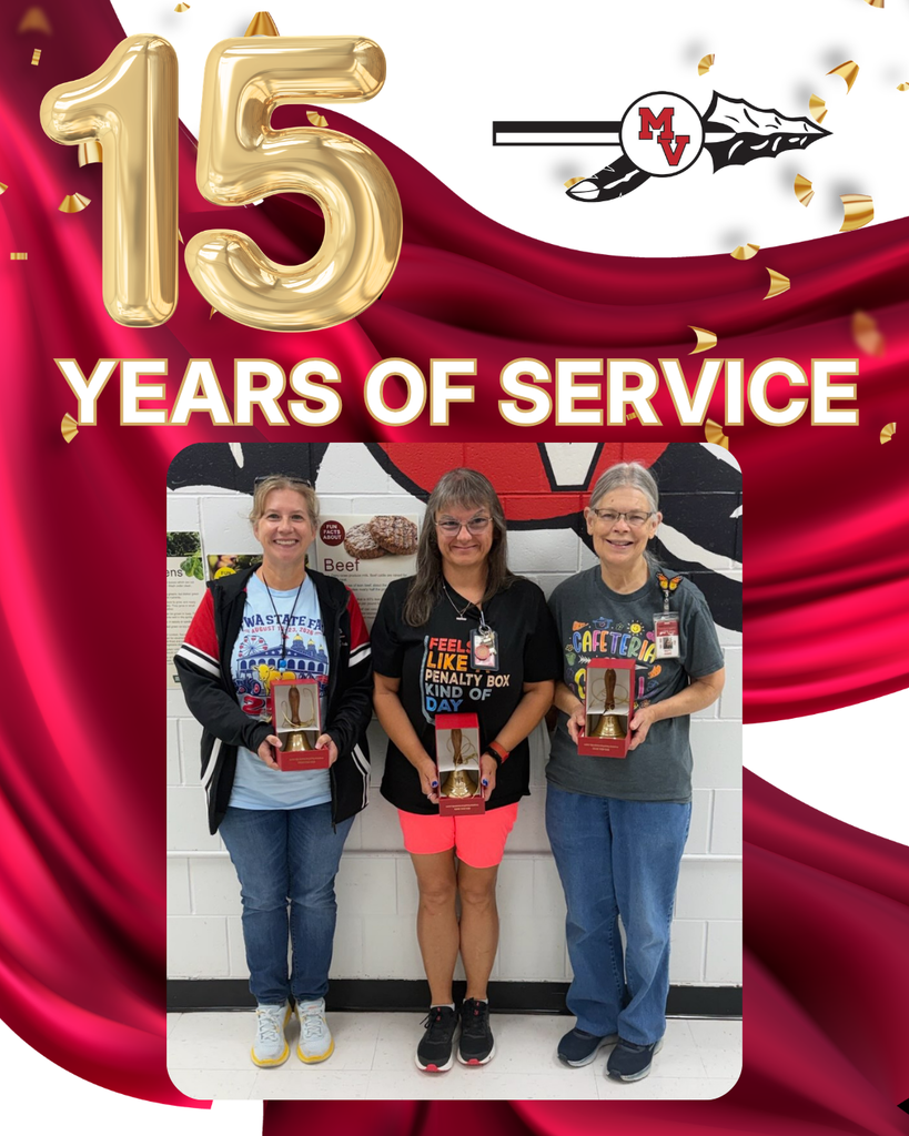 15 Years of Service celebration featuring three smiling staff members holding awards against a red-and-gold school backdrop.