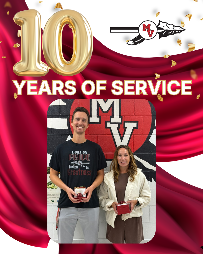 10 Years of Service celebration featuring two smiling staff members holding awards against a red-and-gold school backdrop.