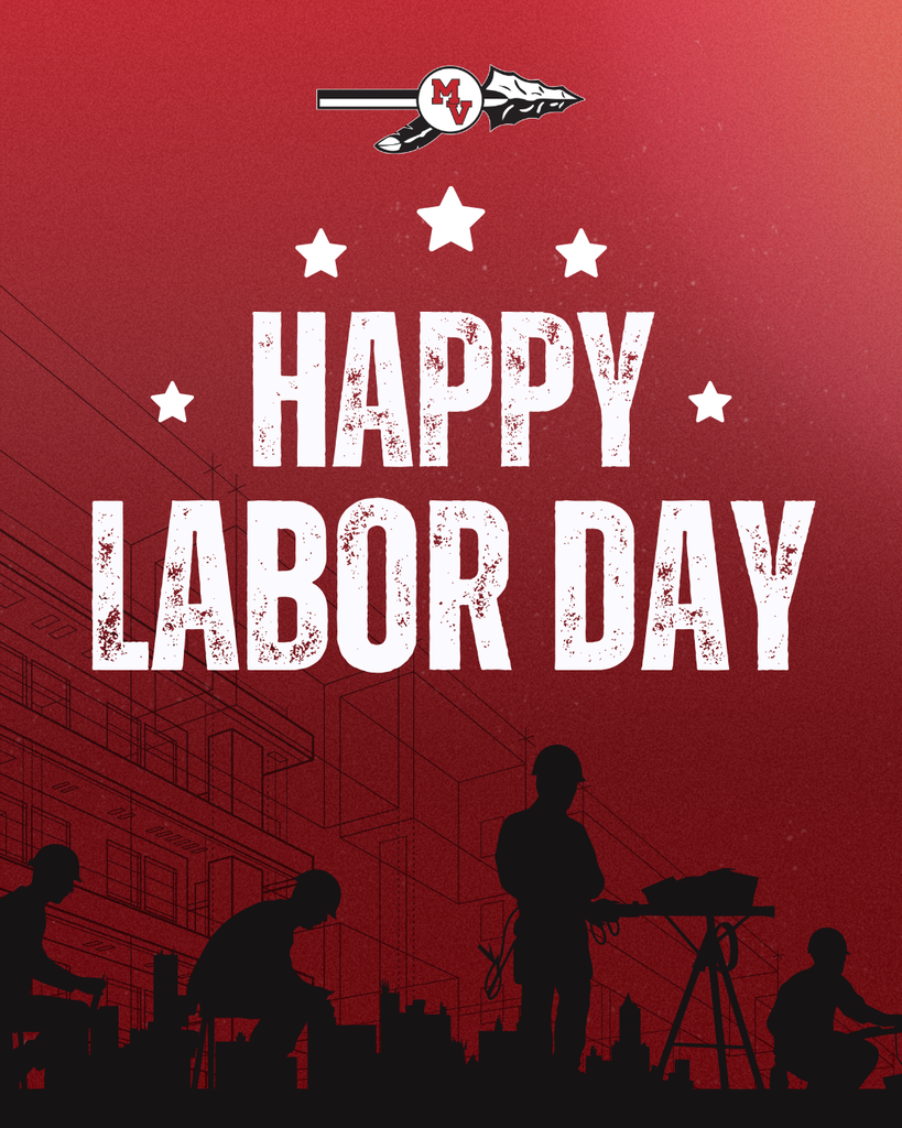Happy Labor Day message on a red background with stars and silhouettes of workers at a construction site.