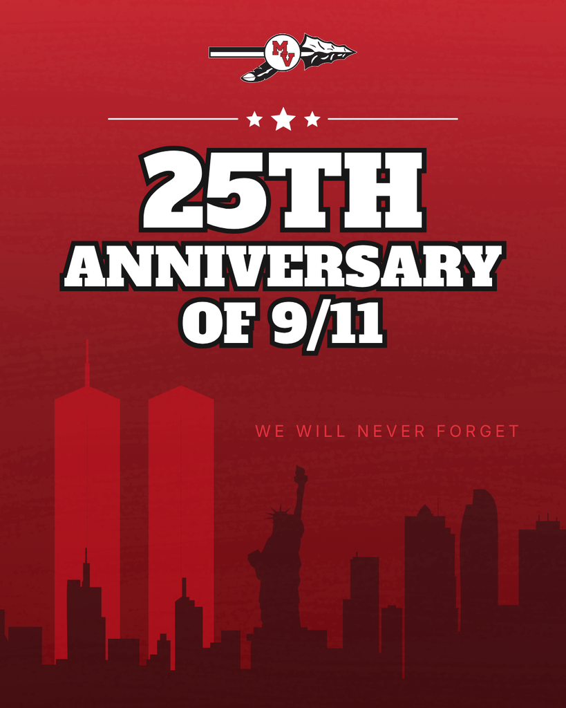 Red memorial graphic marks the 25th anniversary of 9/11 with Twin Towers, Statue of Liberty, and “We Will Never Forget.”