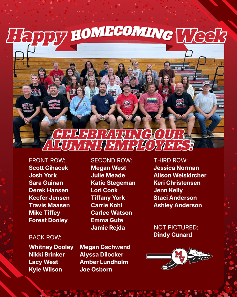 Homecoming Week graphic celebrates alumni employees with a large staff group photo, names organized by row, and school branding.
