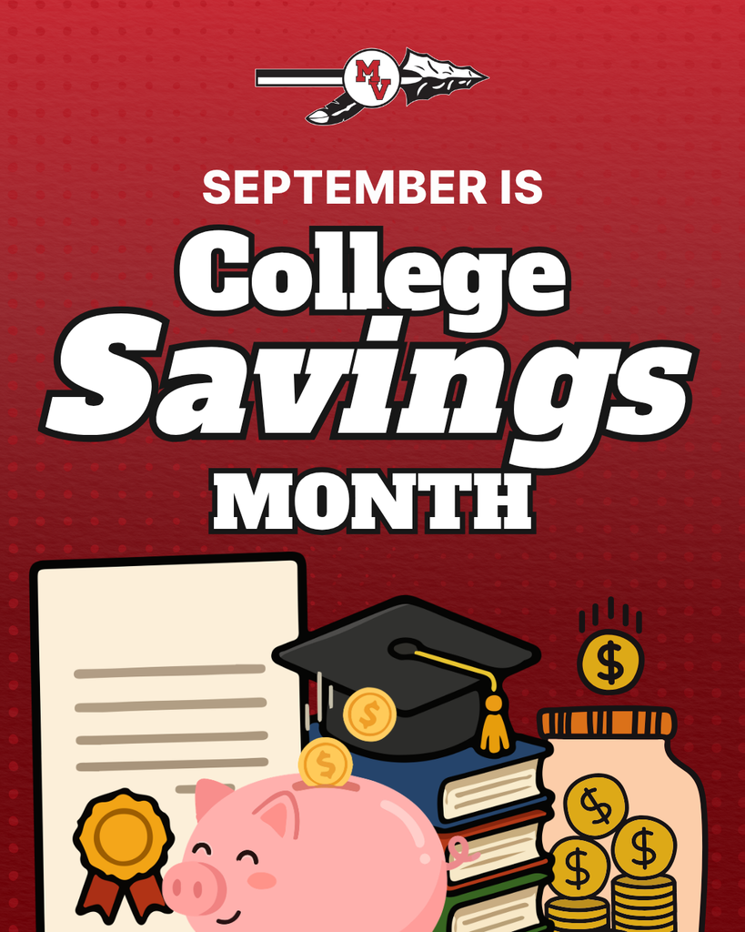 September is College Savings Month graphic with school logo, piggy bank, graduation cap, books, diploma, and coins.
