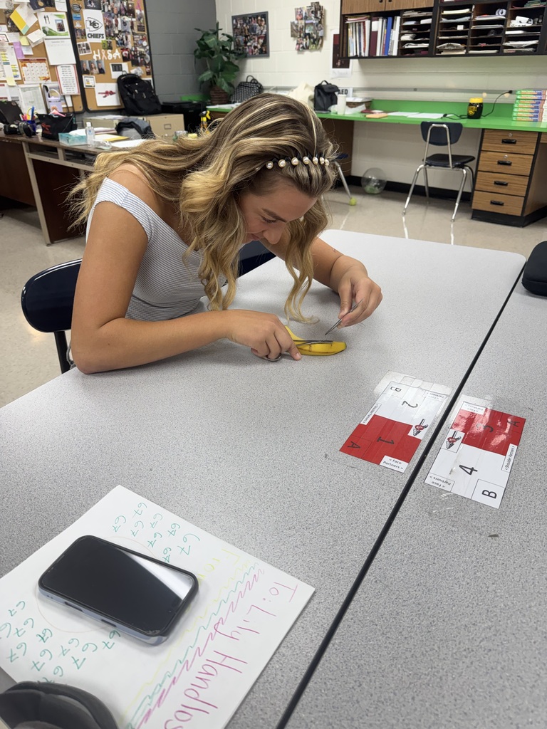 Student concentrates while using small instruments on a banana during a classroom activity.