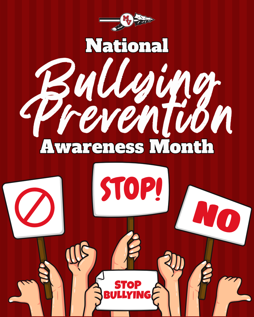 National Bullying Prevention Awareness Month poster with raised hands holding “STOP,” “NO,” and “STOP BULLYING” signs.