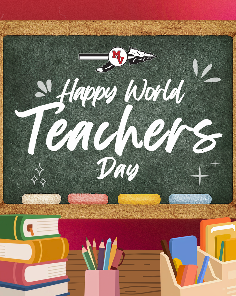 Happy World Teachers’ Day message on a classroom chalkboard, surrounded by colorful chalk, books, pencils, and school supplies.