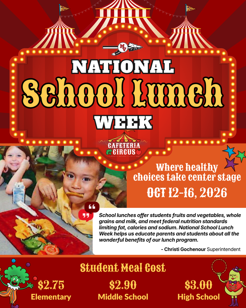 Circus-themed National School Lunch Week poster, October 12–16, 2026, featuring students eating lunch, nutrition information, and meal prices.