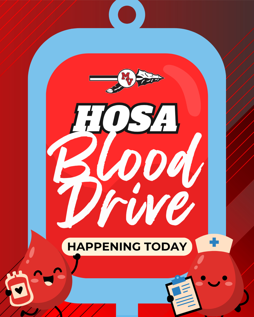 HOSA Blood Drive happening today announcement featuring a red blood bag, school logo, and cheerful blood drop characters.