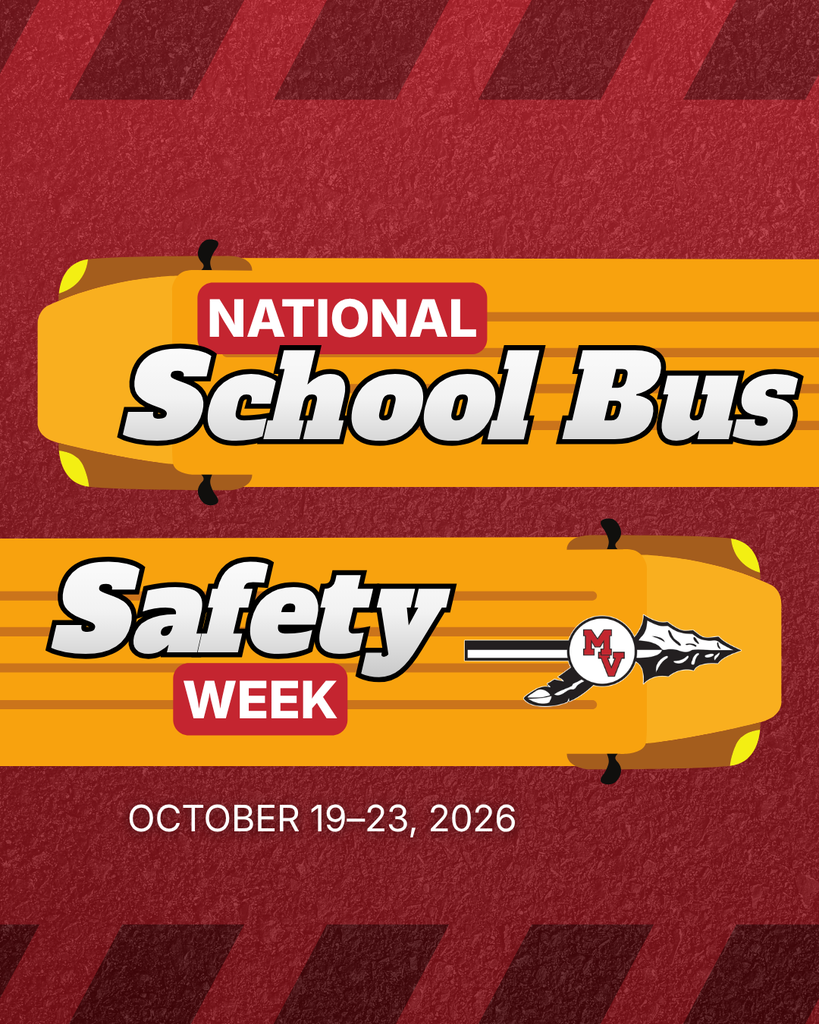 National School Bus Safety Week, October 19–23, 2026, featuring yellow school buses and the Missouri Valley logo on a red background.