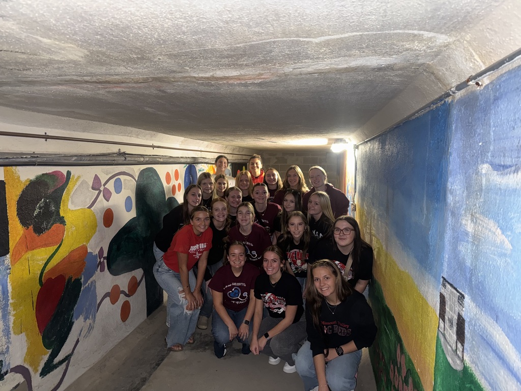Missouri Valley students pose together in a narrow hallway decorated with colorful murals.