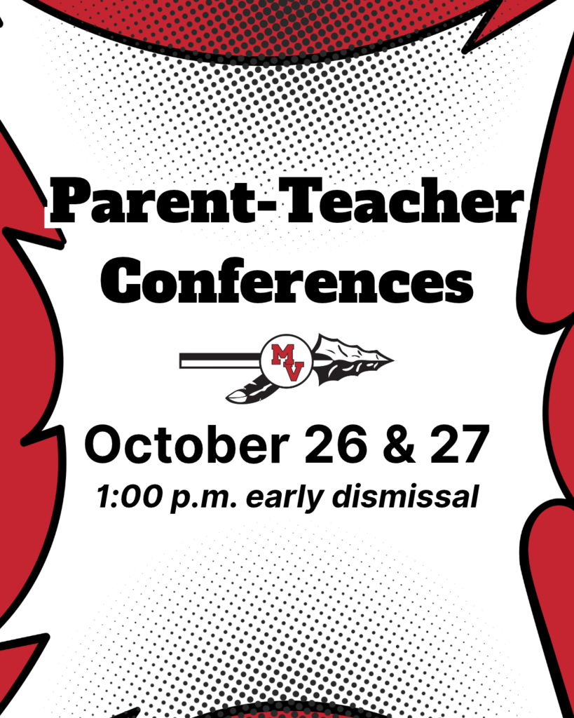 Red, black, and white graphic announces Parent-Teacher Conferences October 26 and 27, with 1:00 p.m. early dismissal.